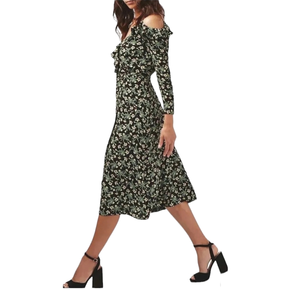 TopShop Busy Garden Ruffle Black Floral Print Cold Shoulder Wrap Dress Sz4